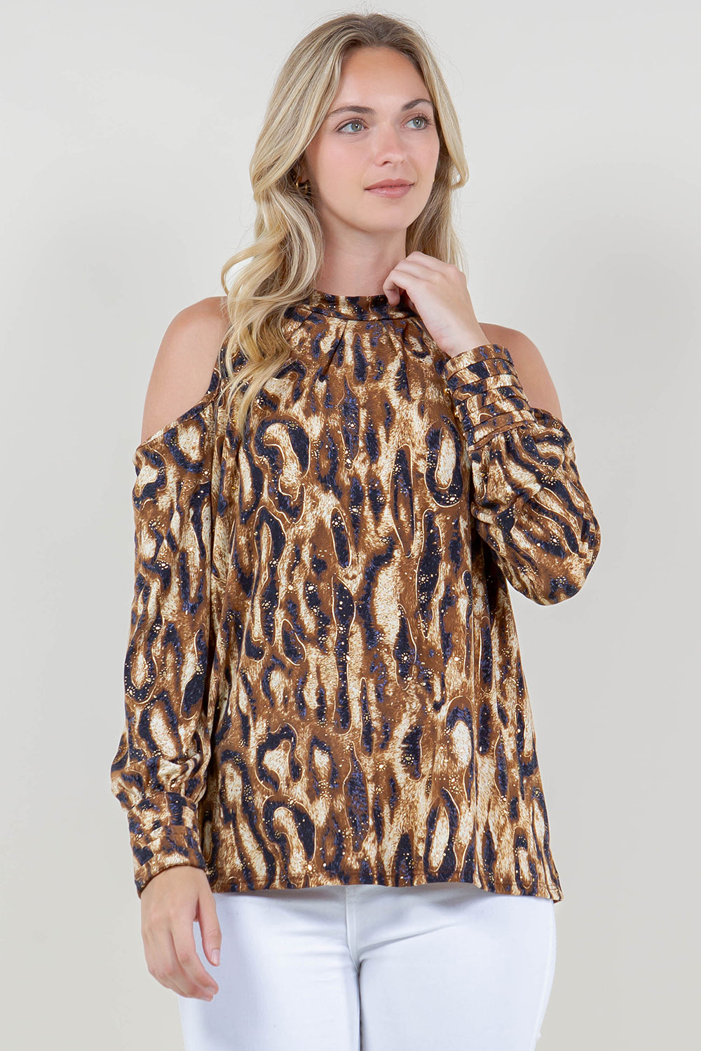 LS PLEATED COLD SHOULDER MOCK NK TOP - T12006-G105775