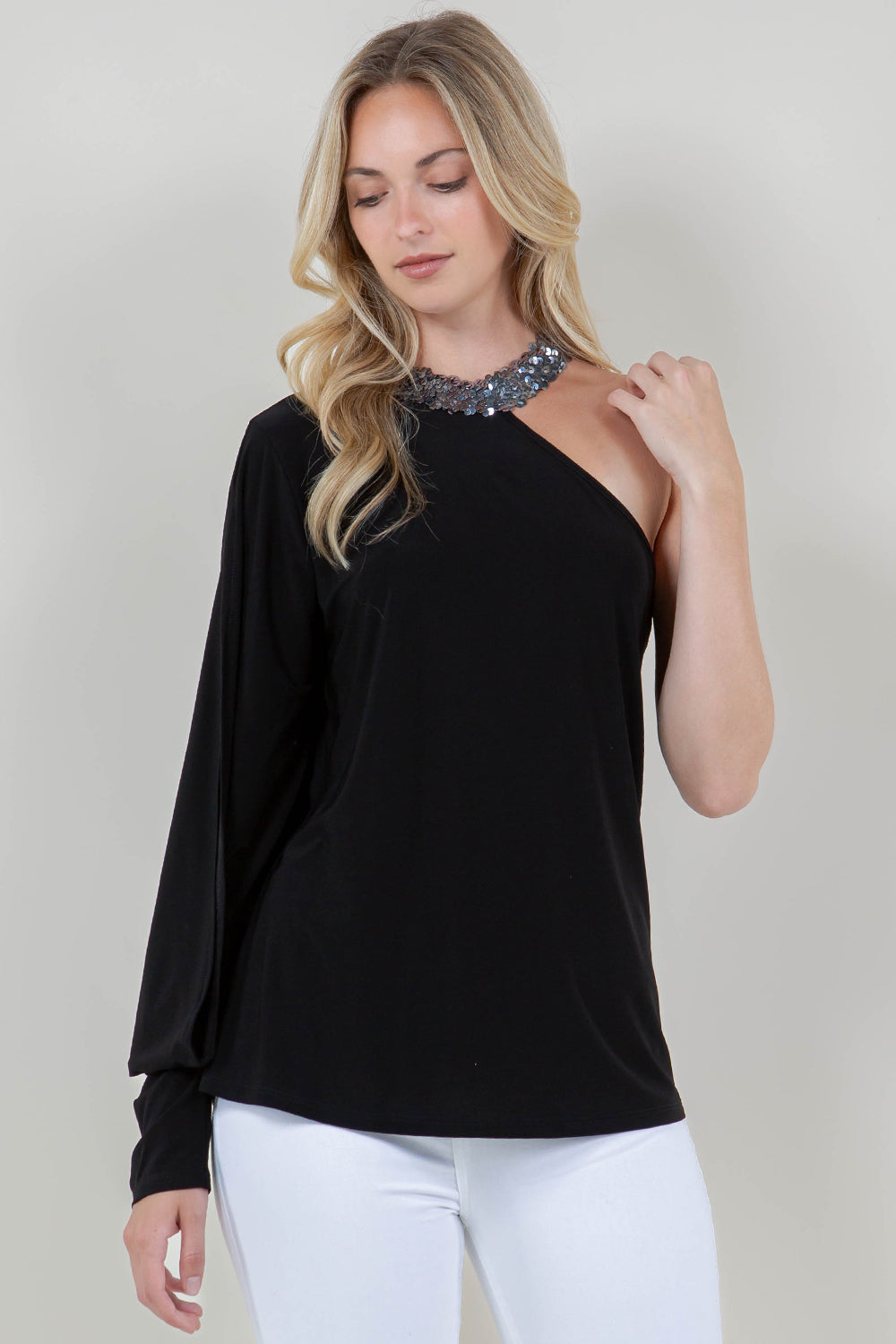 LS ASYM COLD SHOULDER COWL SLV MOCK NK TOP T12010-ITY-BLK