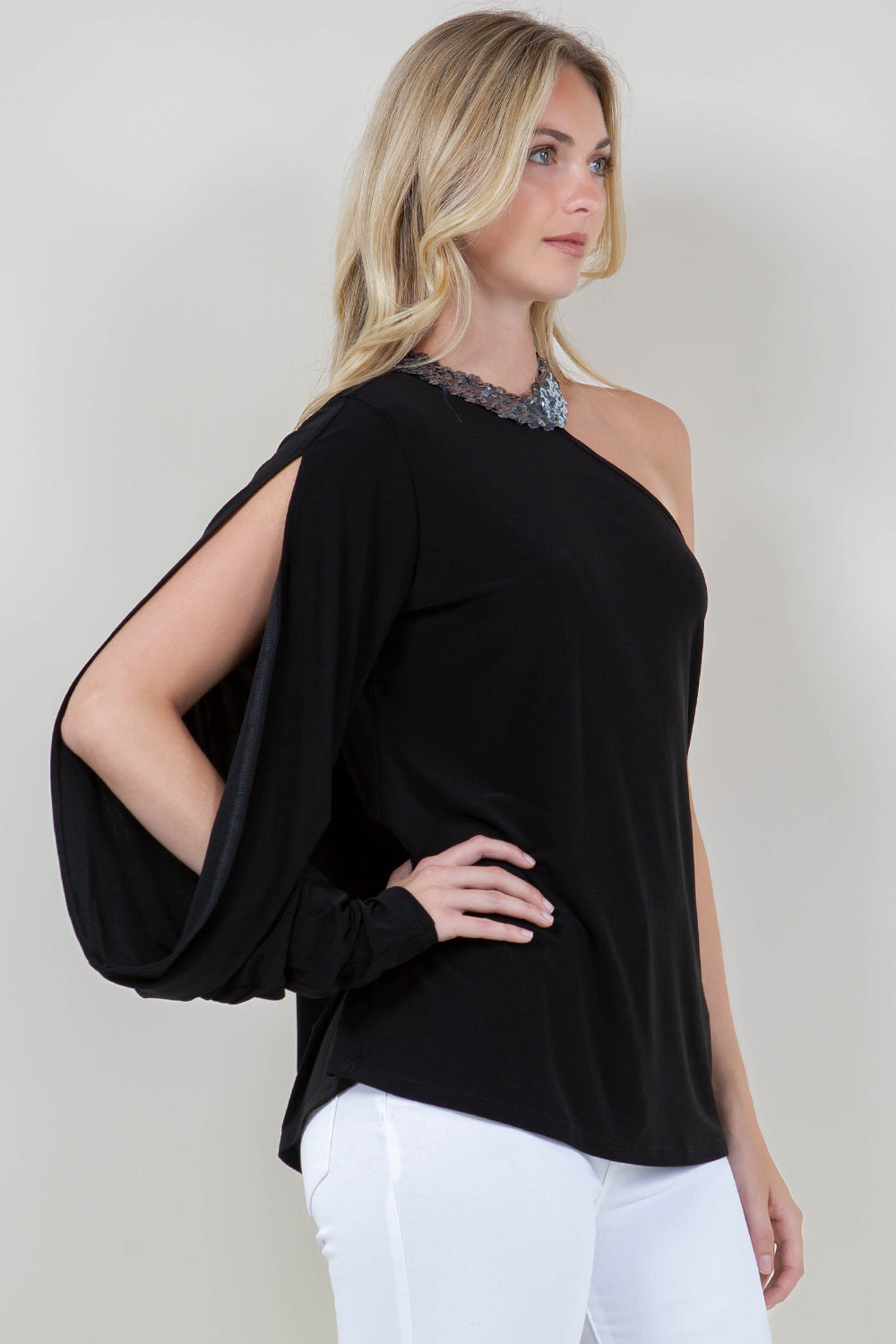 LS ASYM COLD SHOULDER COWL SLV MOCK NK TOP T12010-ITY-BLK