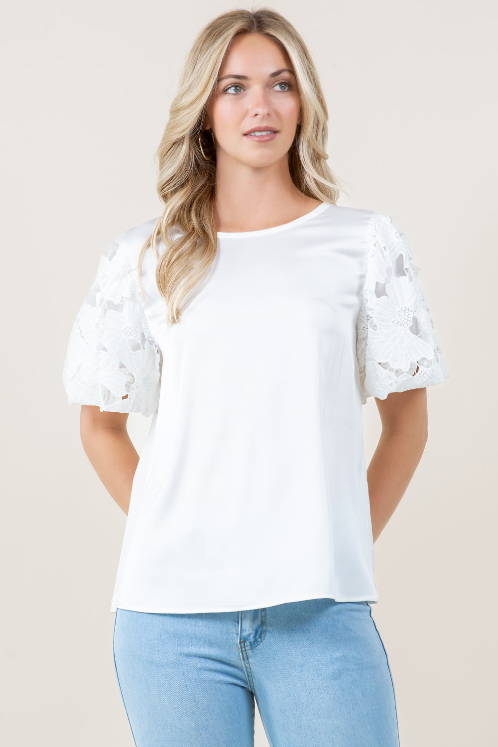 ELBOW SLV LACE SCOOP NECK TOP - T12380-AFLW