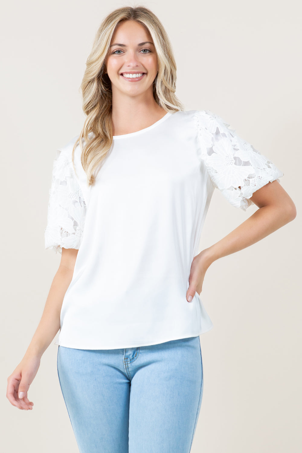 ELBOW SLV LACE SCOOP NECK TOP - T12380-AFLW