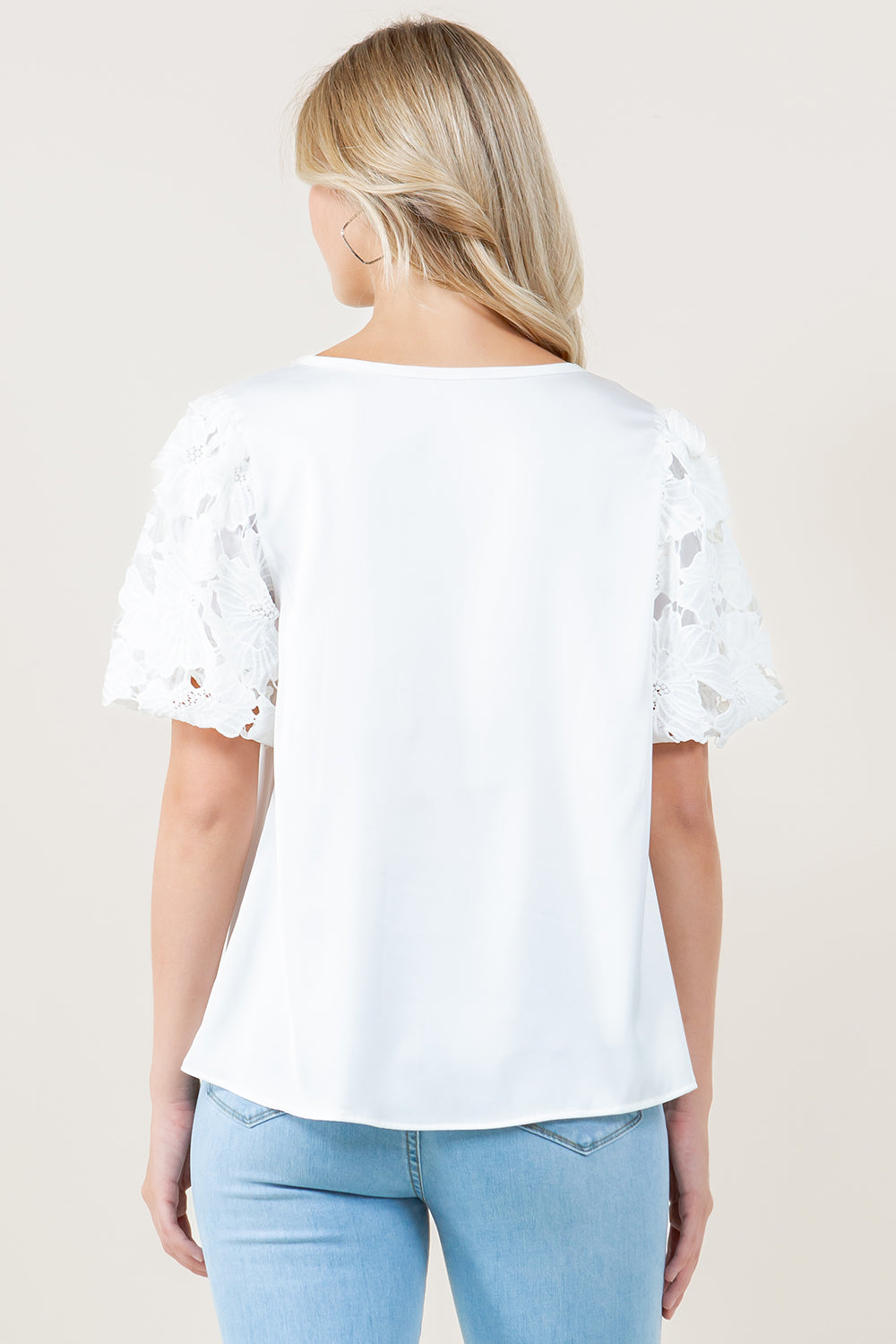 ELBOW SLV LACE SCOOP NECK TOP - T12380-AFLW