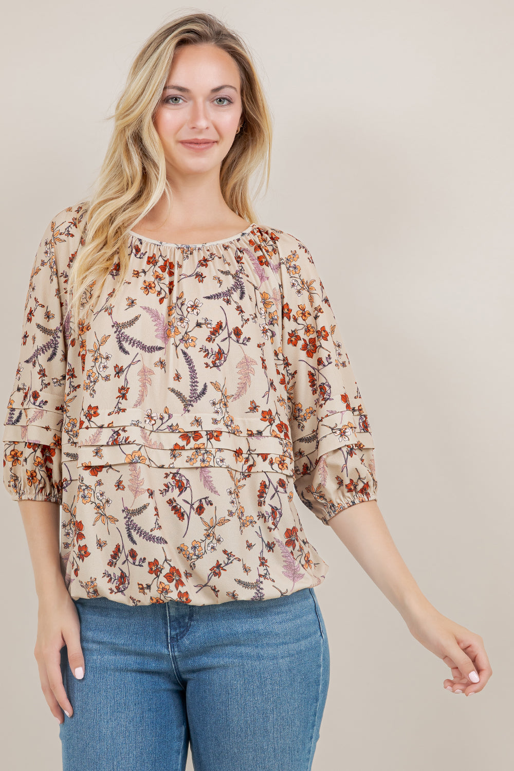 ELB/SLV RAGLAN PLEATED PEASANT TOP T12383-5829