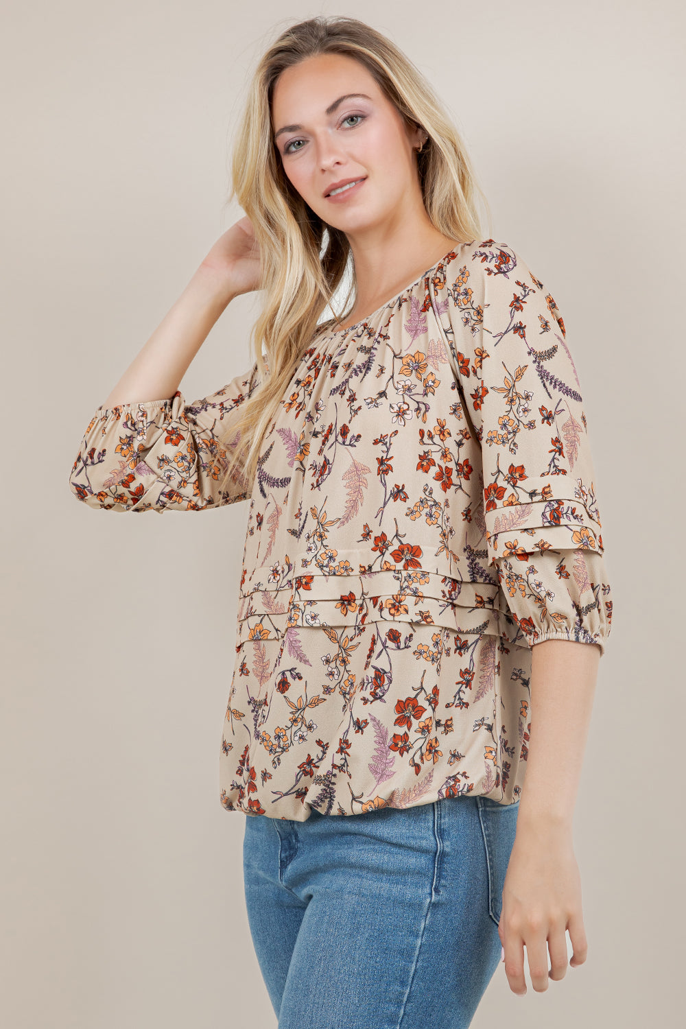 ELB/SLV RAGLAN PLEATED PEASANT TOP T12383-5829