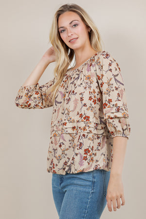 ELB/SLV RAGLAN PLEATED PEASANT TOP T12383-5829