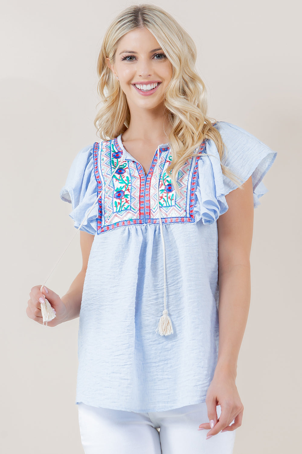 SL RUFFLE EMBROIDERED BIB PATCH TOP - T12417-1212