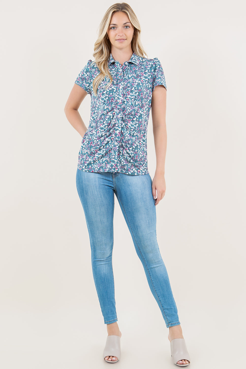 SHORT SLEEVE ROUCHED FRONT SHIRT