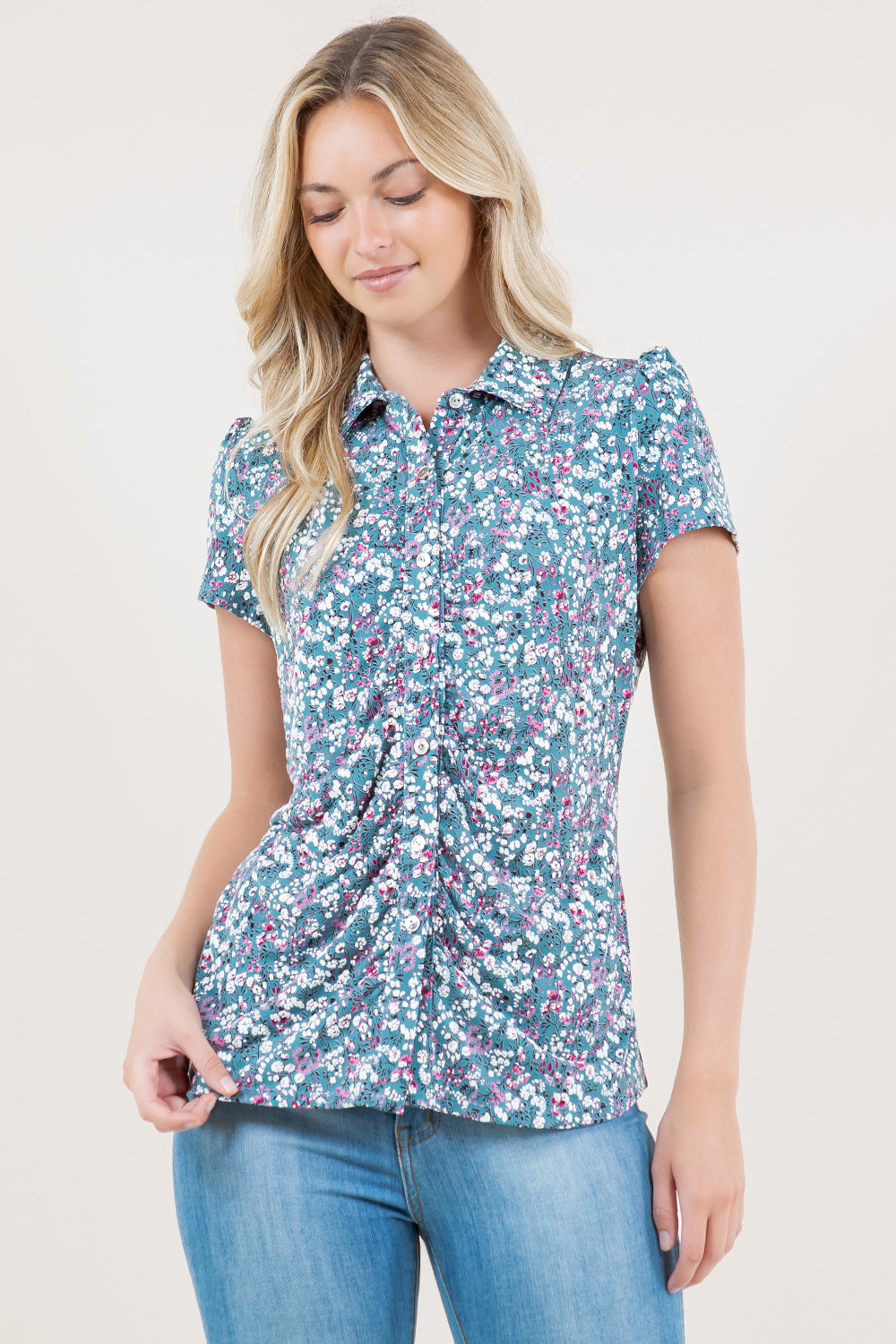SHORT SLEEVE ROUCHED FRONT SHIRT