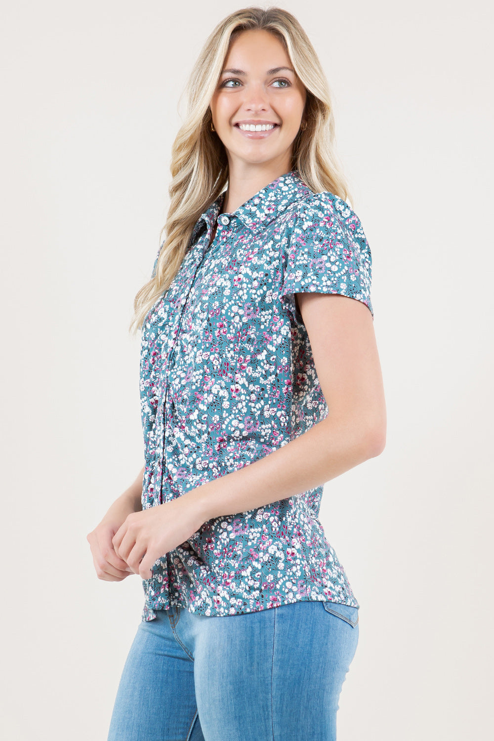 SHORT SLEEVE ROUCHED FRONT SHIRT