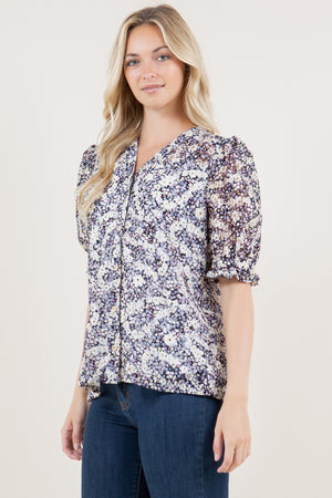 PUFFED SHORT SLEEVE Y NECK ROUCHED FRONT SHIRT