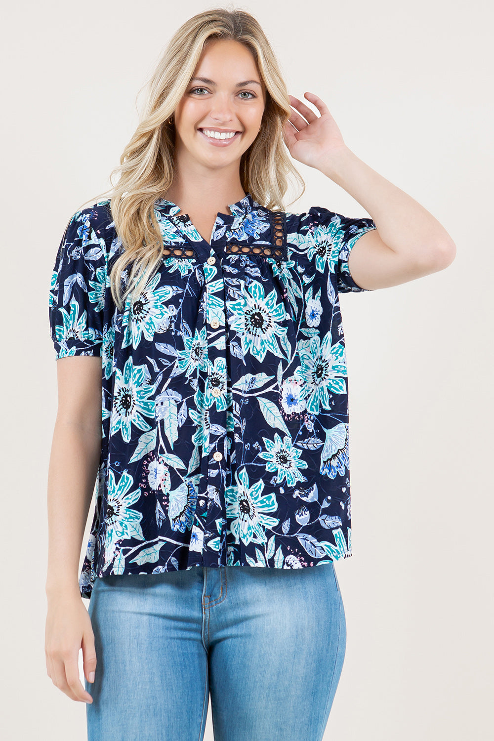 SHORT PUFFED SLEEVE CROCHET INSET YOKE SHIRT