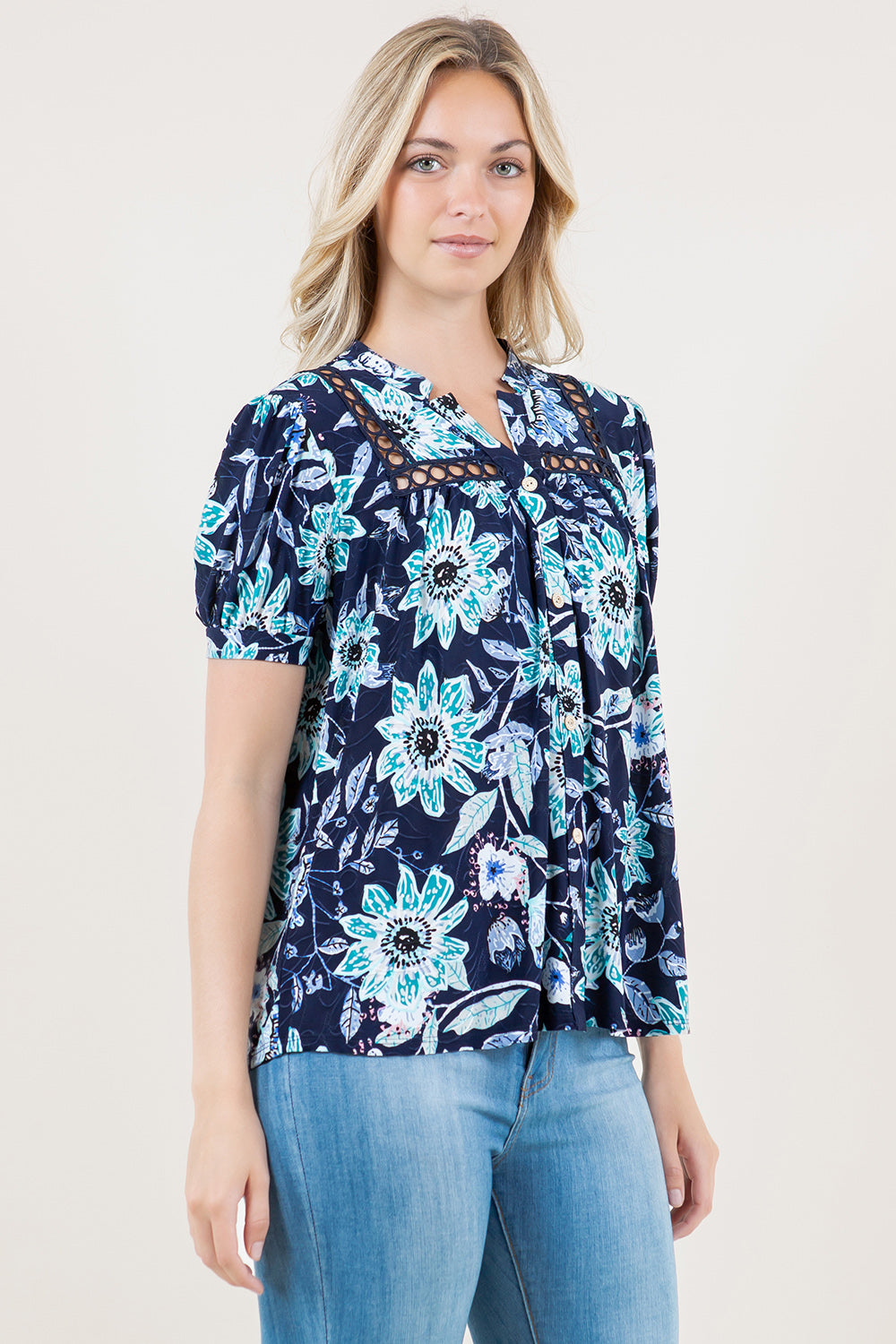 SHORT PUFFED SLEEVE CROCHET INSET YOKE SHIRT