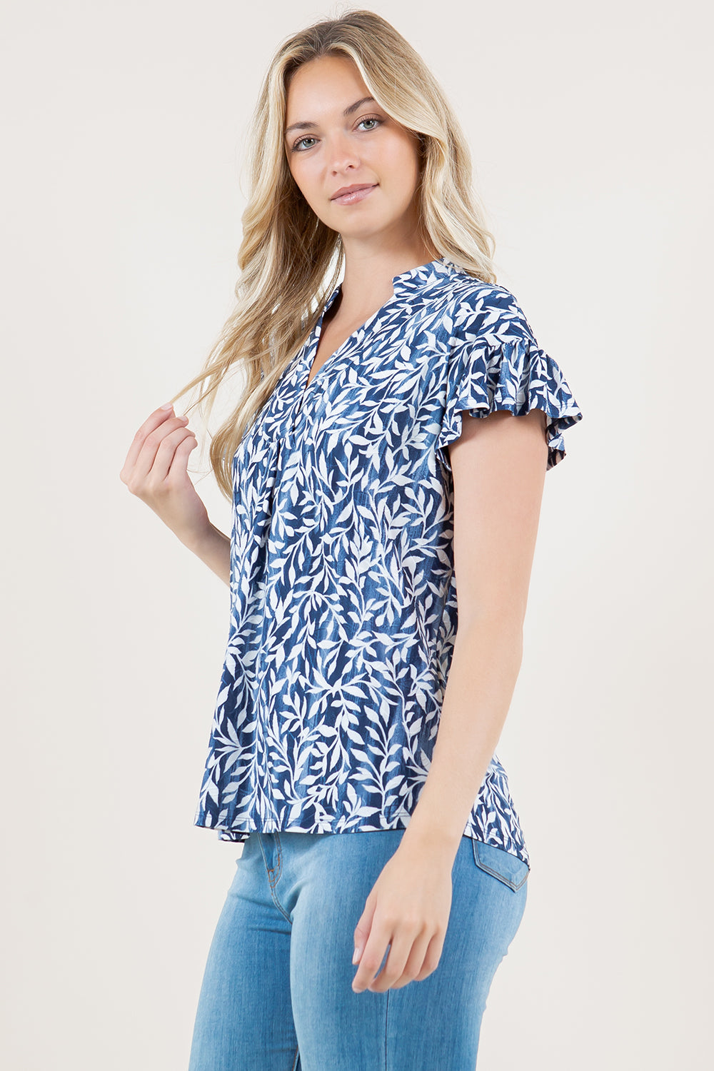 S/SLV STANDING COLLAR RUFFLE SHIRT