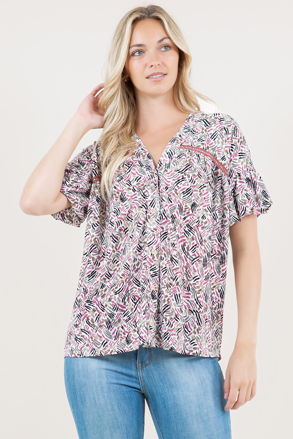 S/SLV BALLOON Y NECK SHIRT
