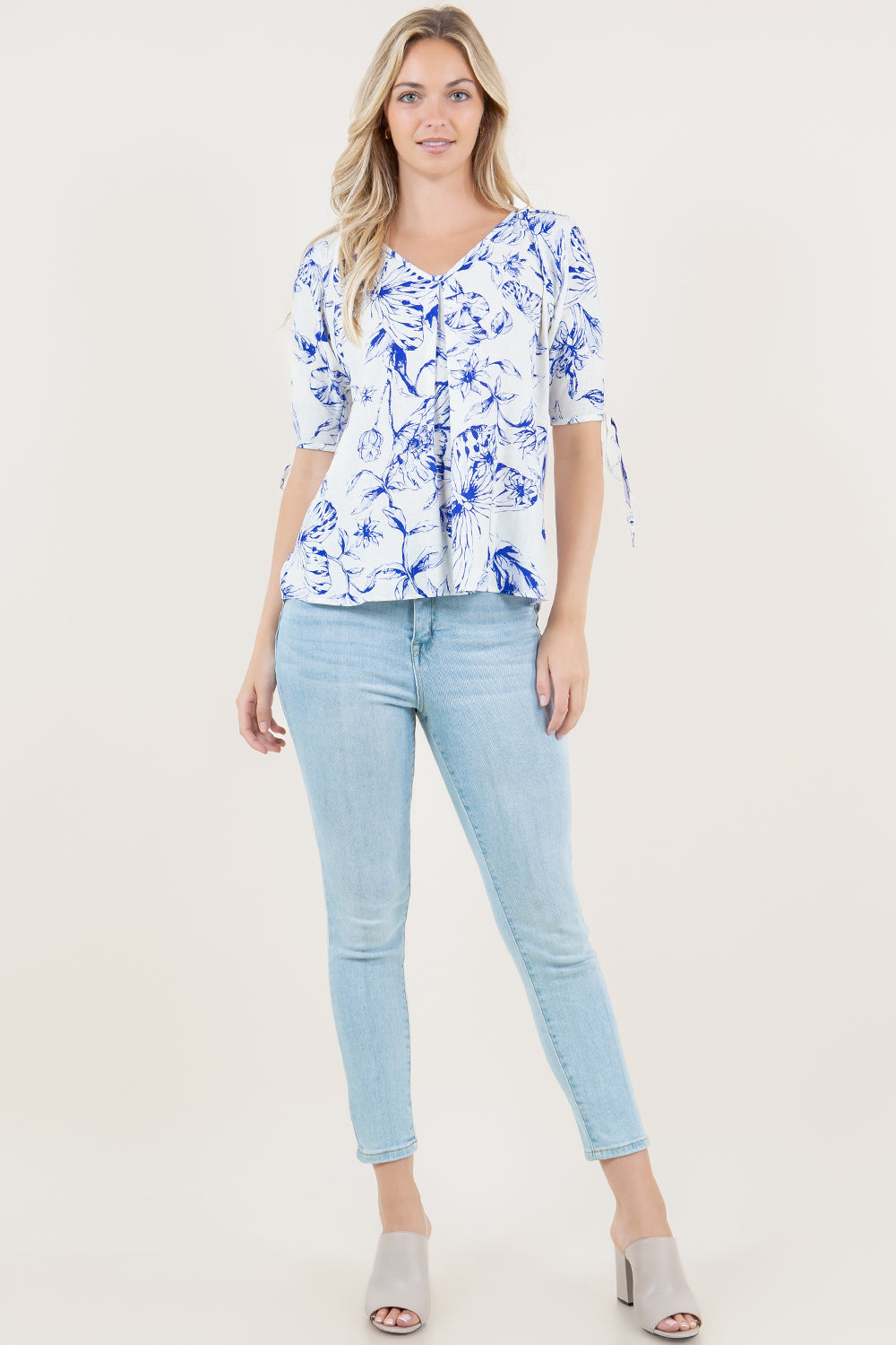 S/SLV TIED V NECK PLEAT FRONT TOP