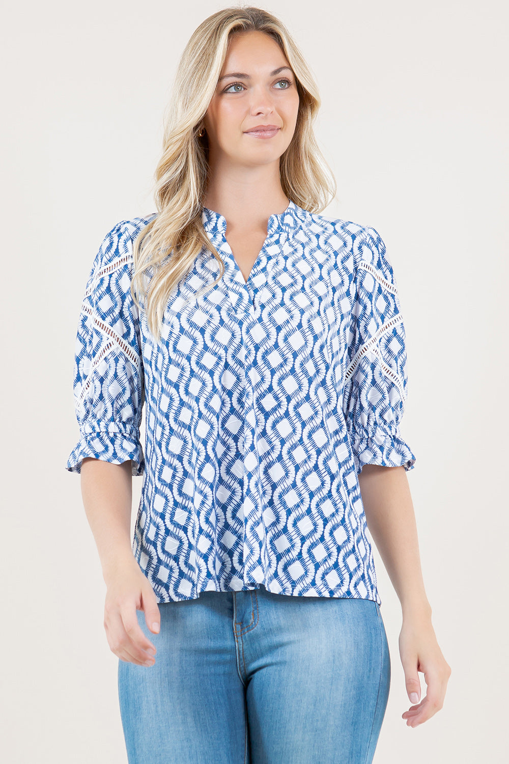 ELBOW SLV CROCHET DETAIL HALF PLACKET POPOVER
