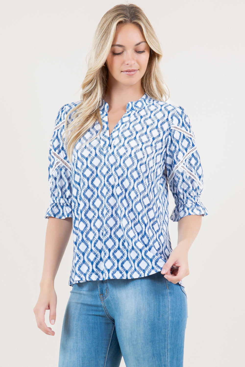 ELBOW SLV CROCHET DETAIL HALF PLACKET POPOVER
