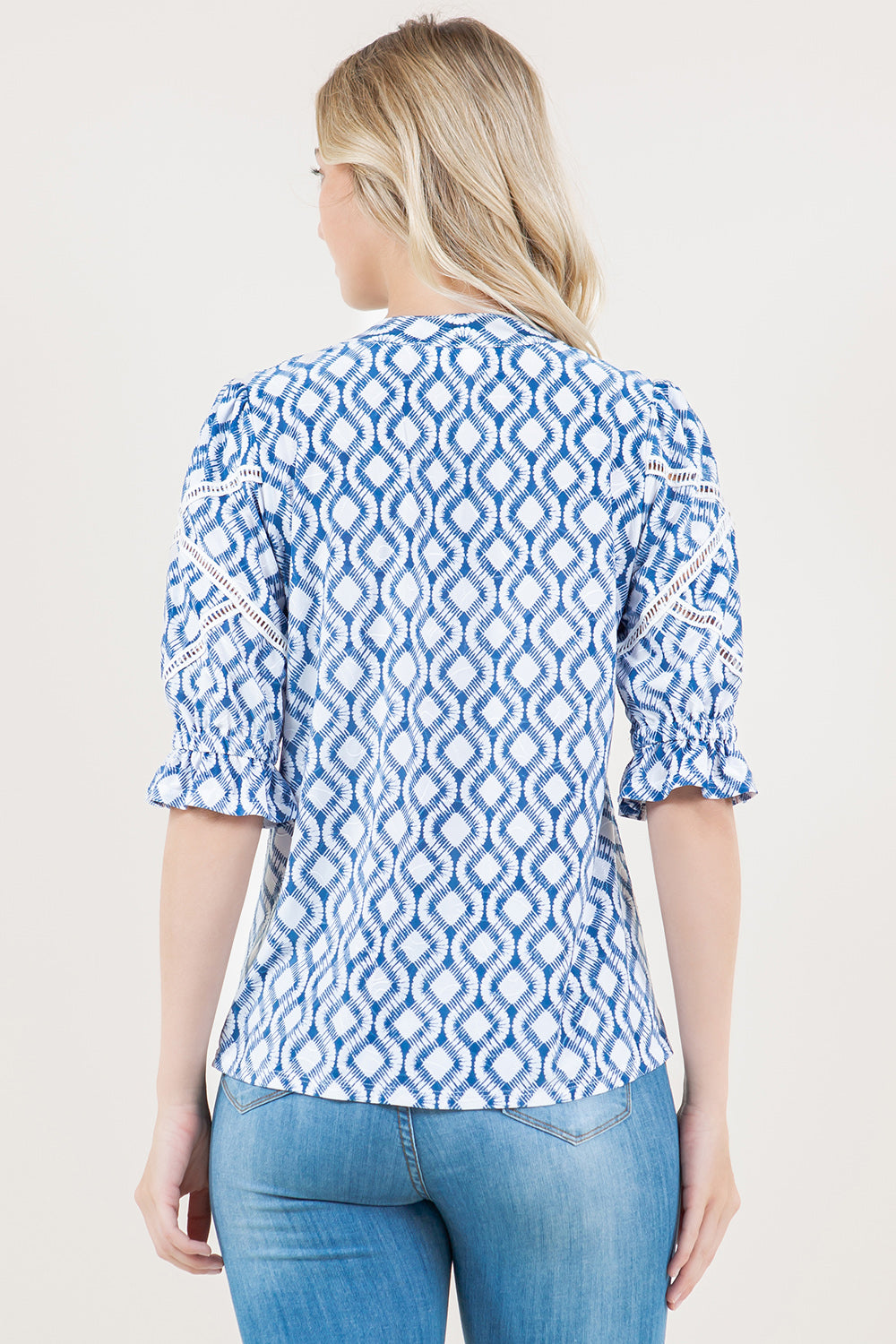 ELBOW SLV CROCHET DETAIL HALF PLACKET POPOVER