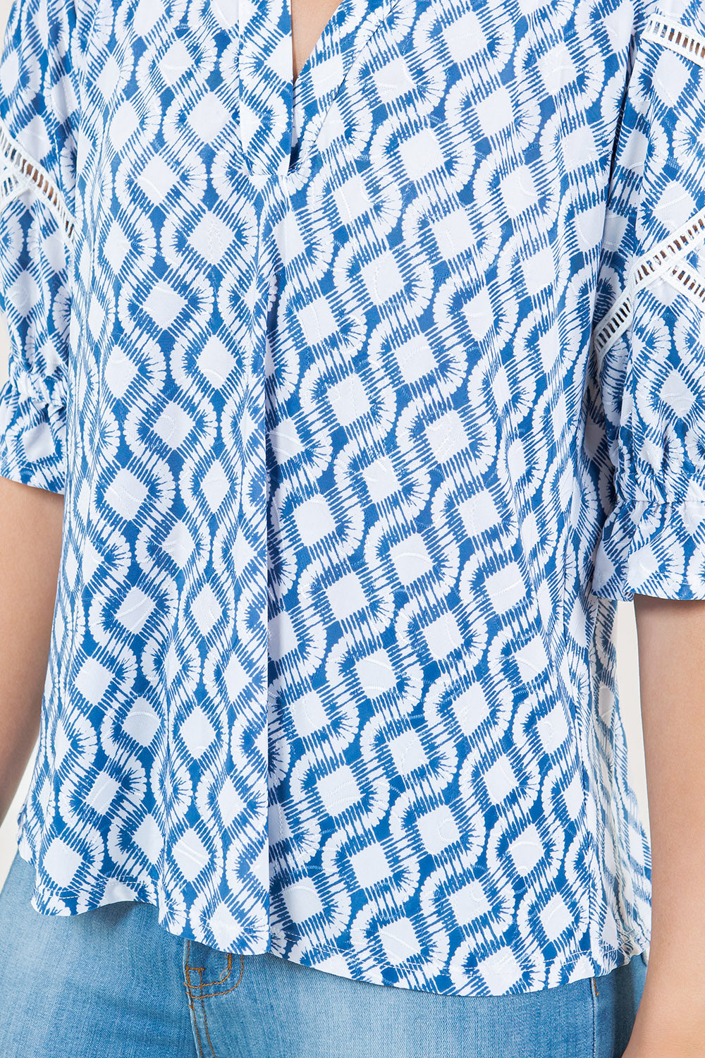 ELBOW SLV CROCHET DETAIL HALF PLACKET POPOVER