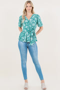 SHORT SLEEVE FAUX WRAP TOP W/SASH