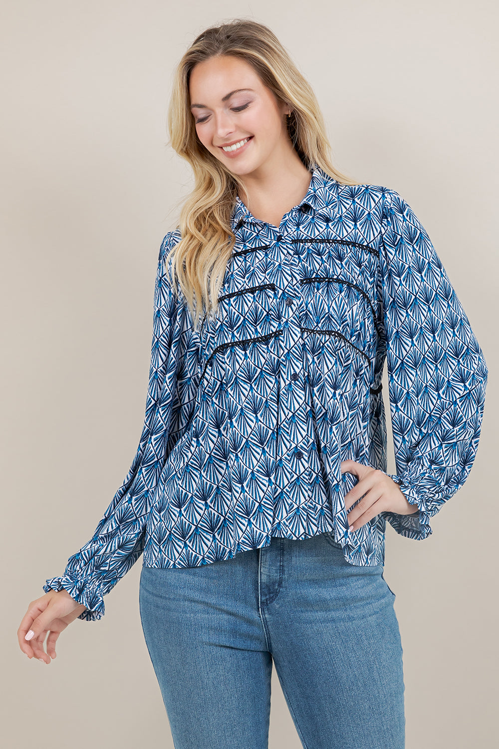 L/SLV 3 TIER PEASANT BLOUSE T12652-0804