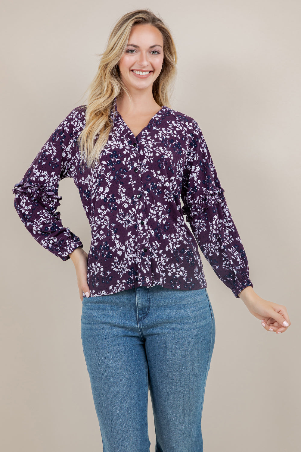 3/4 SLV RAGLAN RUFFLE BLOUSE T12656-A1437