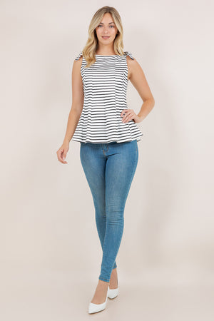 S/LESS BOW TIE PEPLUM TOP T12662-BLACKWHITESTRIPE