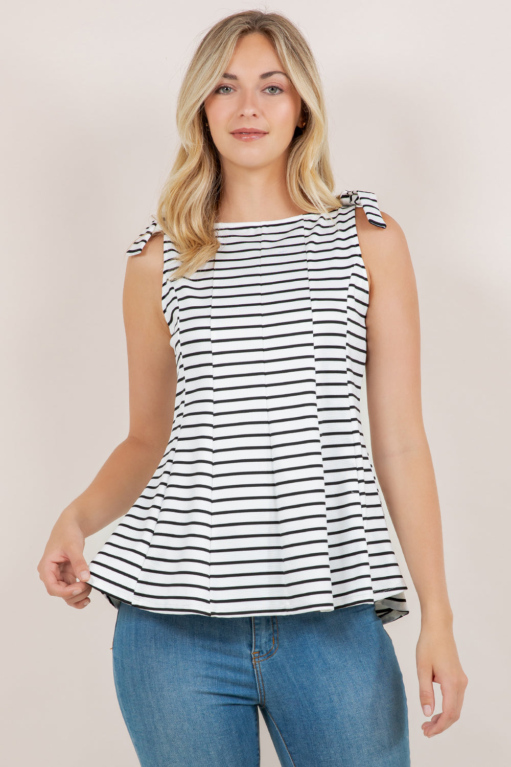 S/LESS BOW TIE PEPLUM TOP T12662-BLACKWHITESTRIPE