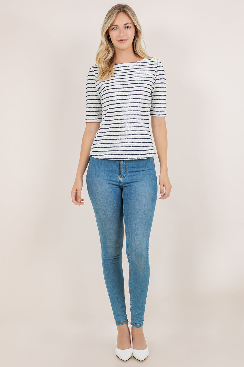 ELB/SLV BOATNECK FITTED TOP T12710-0218