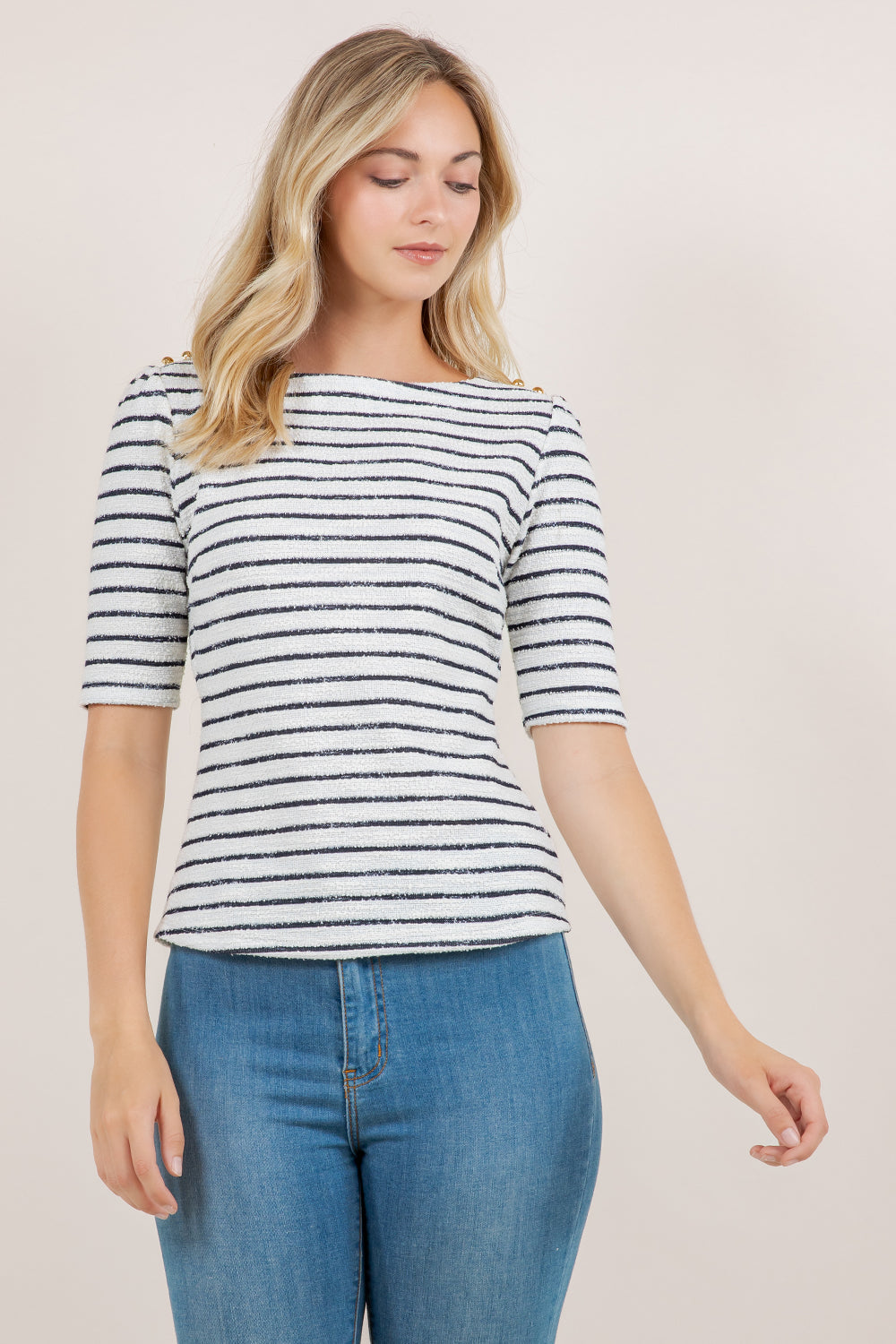 ELB/SLV BOATNECK FITTED TOP T12710-0218