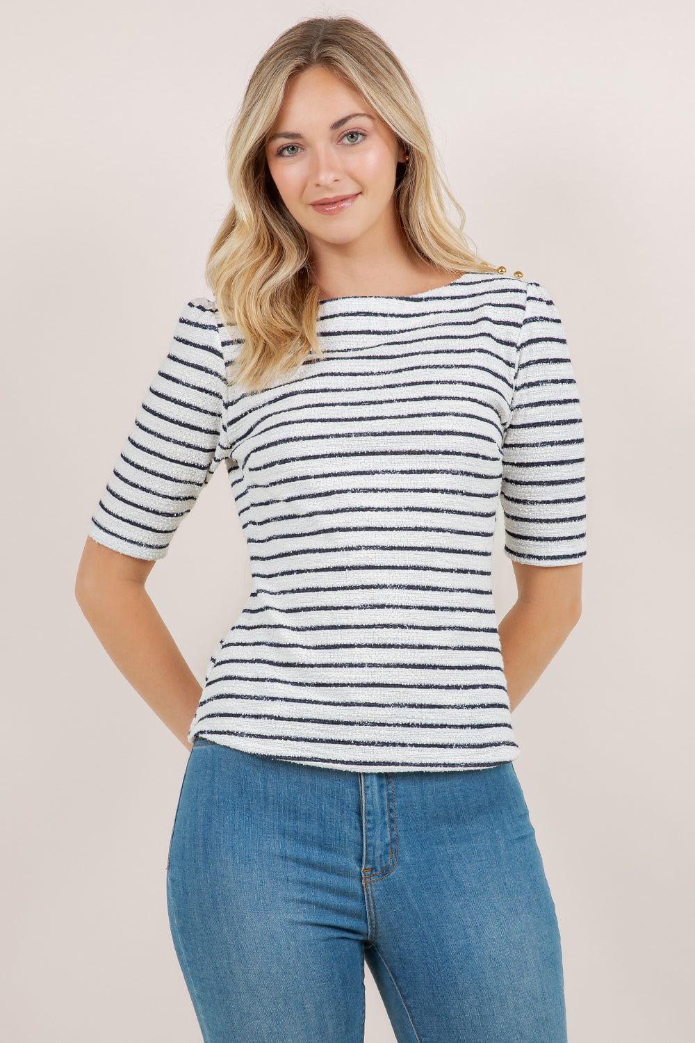 ELB/SLV BOATNECK FITTED TOP T12710-0218