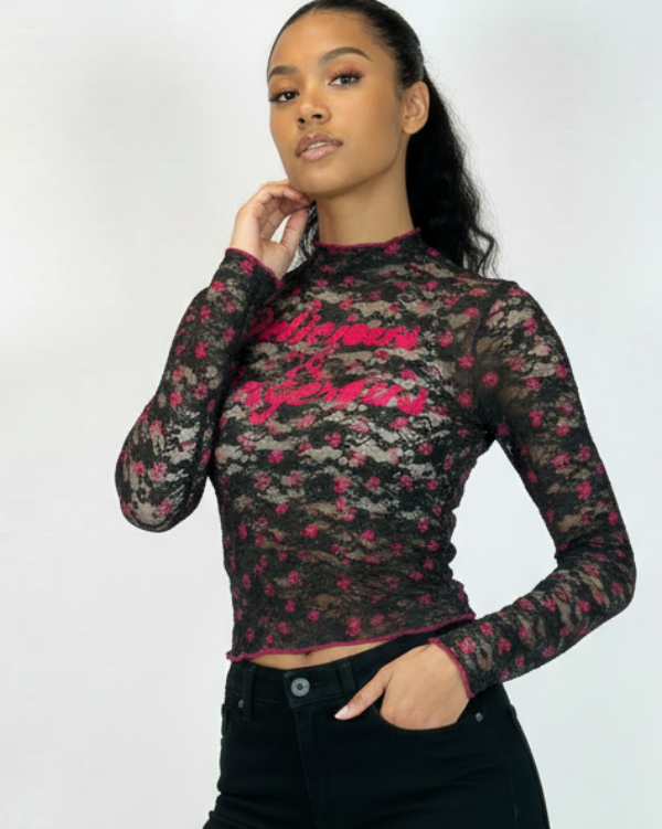 Long Sleeve Mock Neck Lace Top