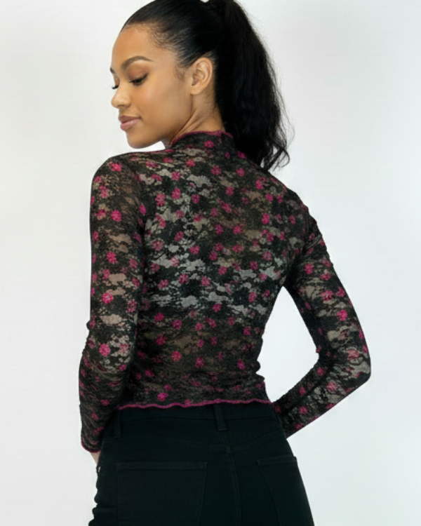 Long Sleeve Mock Neck Lace Top