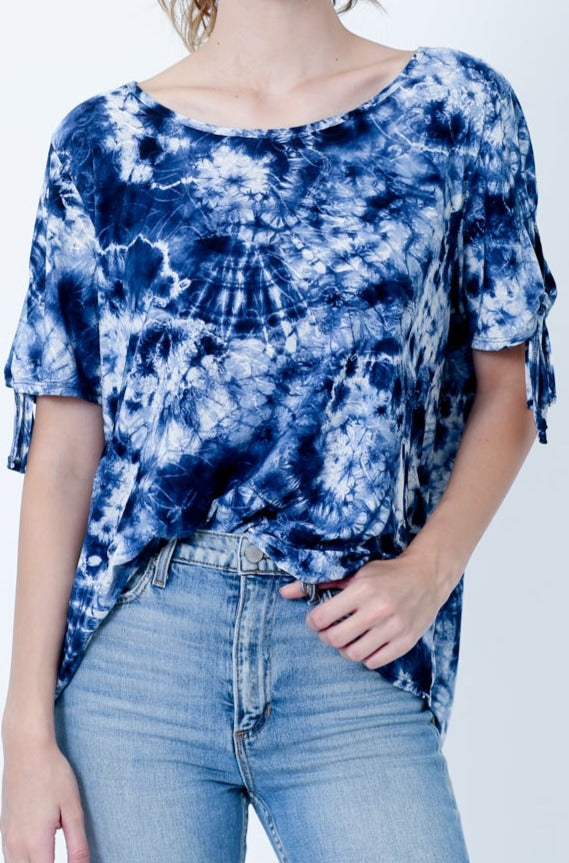 SHORT TIE SLEEVE ROUND NECK LOOSE TOP - T9011X-DSPR77021