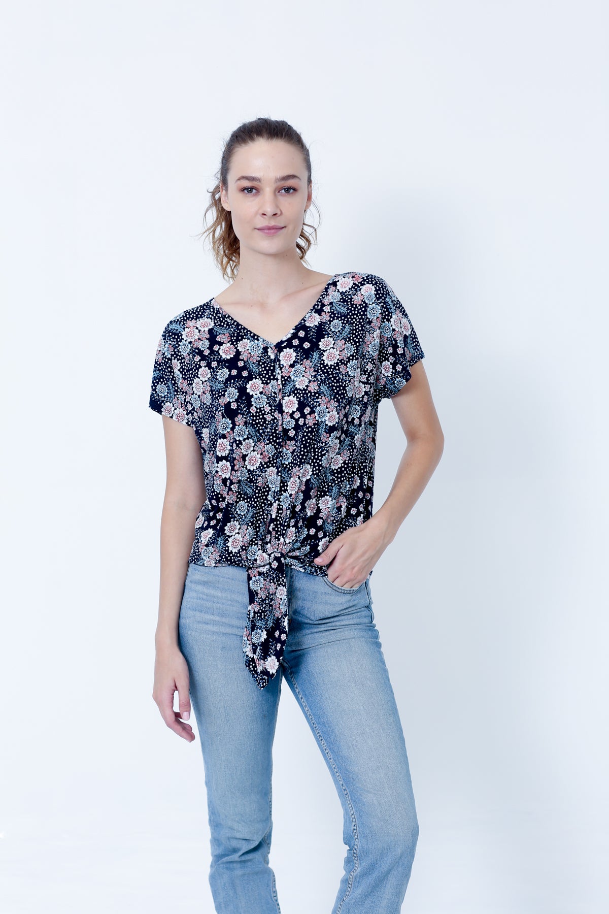 SS FRONT TIE V NECK BUTTONS ON CF - T9833-DSPR65142