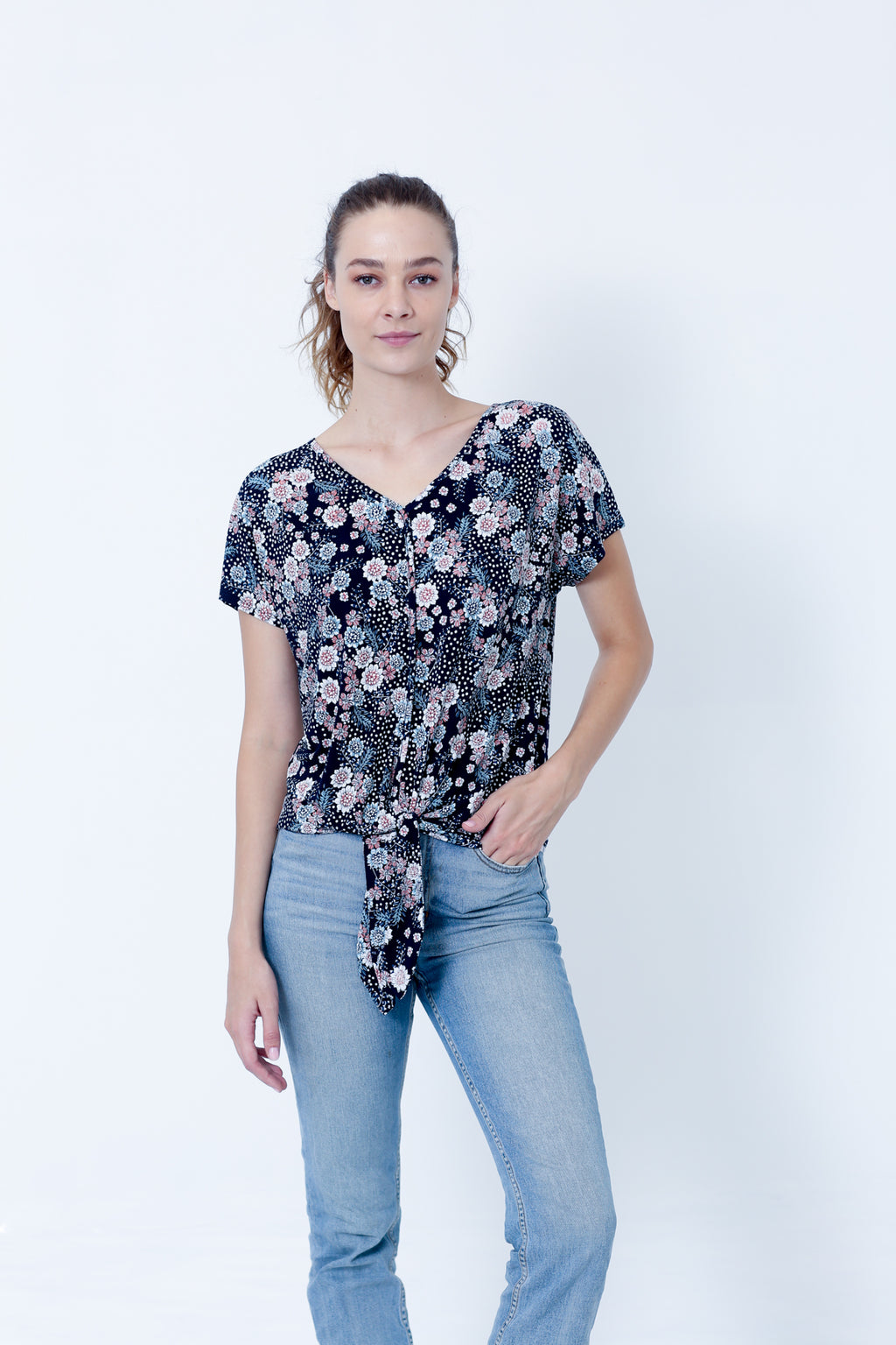 SS FRONT TIE V NECK BUTTONS ON CF - T9833-DSPR65142