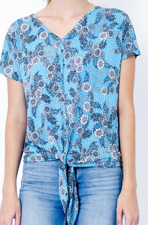 SS V NECK BUTTON FRONT TIE TOP - T9833-DSPR78925