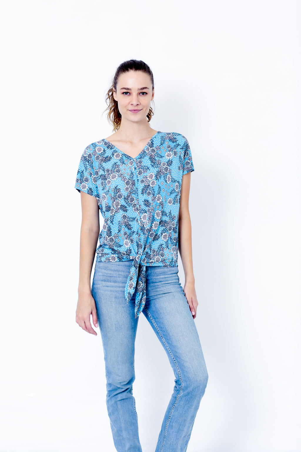 SS V NECK BUTTON FRONT TIE TOP - T9833-DSPR78925