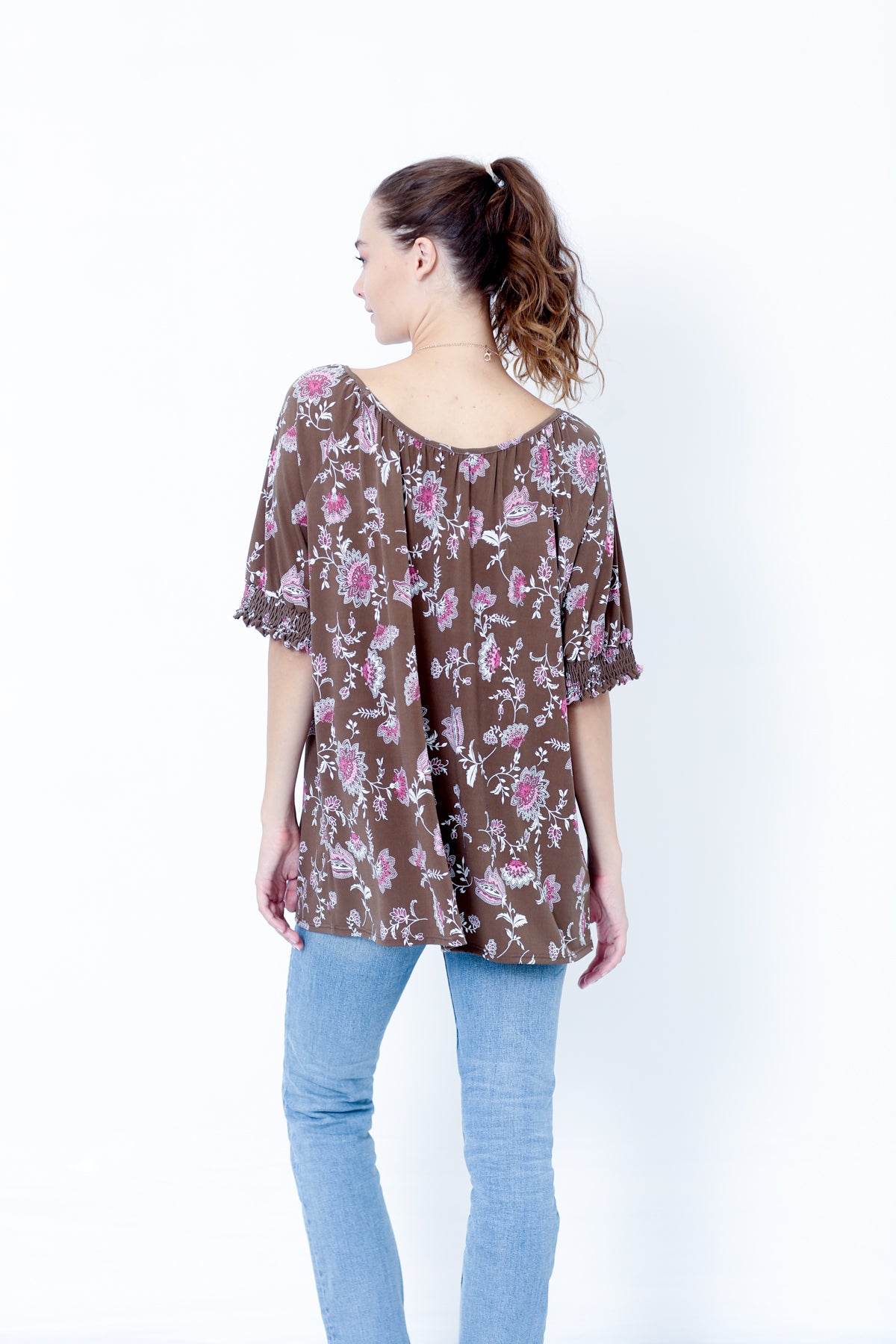 ELBOW FLUTTER SLEEVE ROUND NECK LOOSE TOP - T9961X-DSPR78932