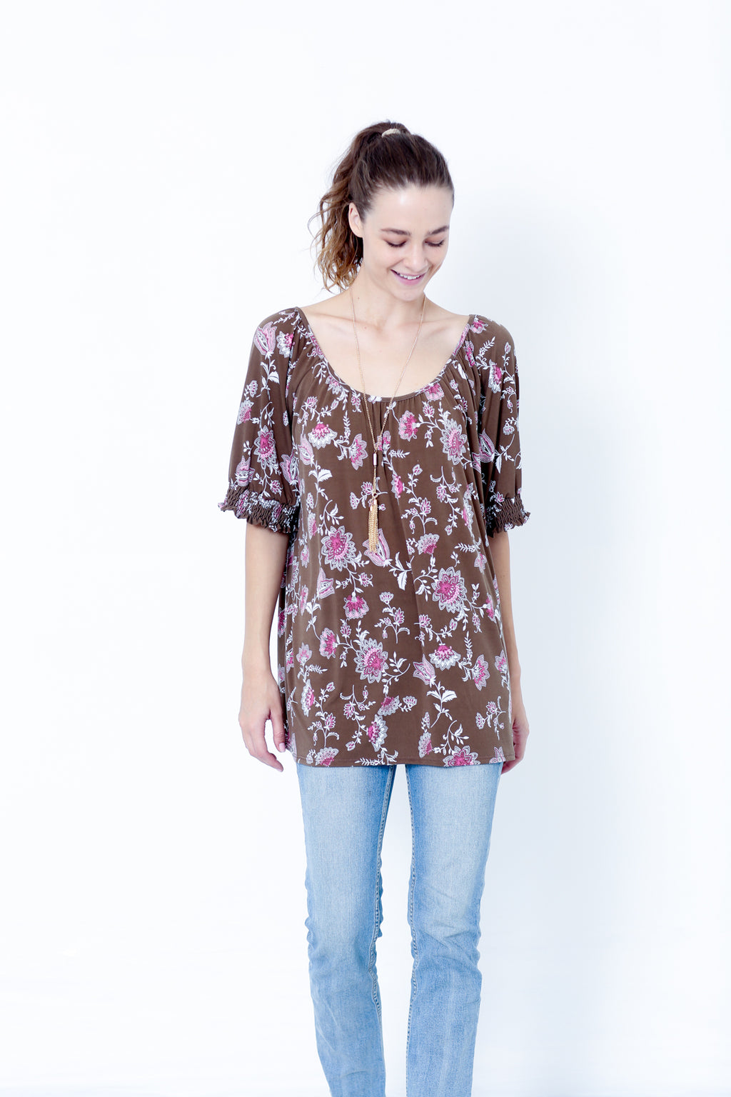 ELBOW FLUTTER SLEEVE ROUND NECK LOOSE TOP - T9961X-DSPR78932