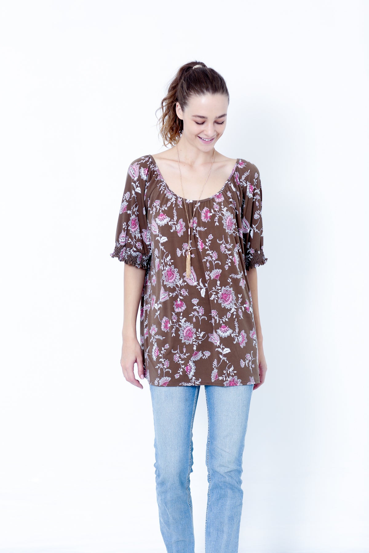 ELBOW FLUTTER SLEEVE ROUND NECK LOOSE TOP - T9961X-DSPR78932