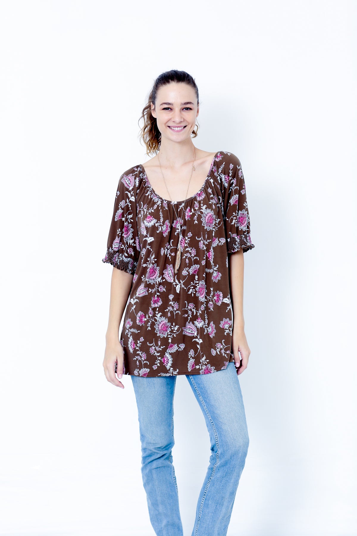 ELBOW FLUTTER SLEEVE ROUND NECK LOOSE TOP - T9961X-DSPR78932
