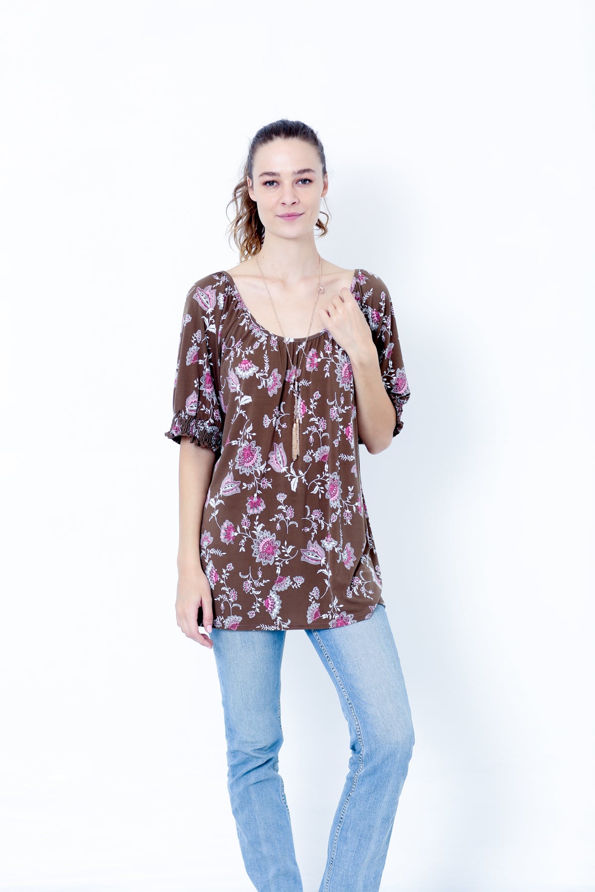 ELBOW FLUTTER SLEEVE ROUND NECK LOOSE TOP - T9961X-DSPR78932