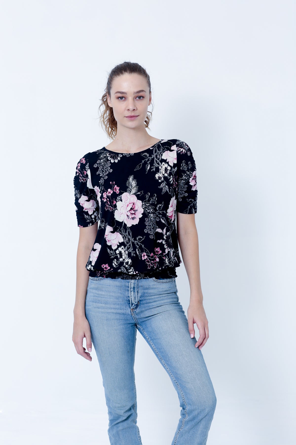 SS RUCHED TOP WITH SMOCKED HEM - T9985-DSPR74025