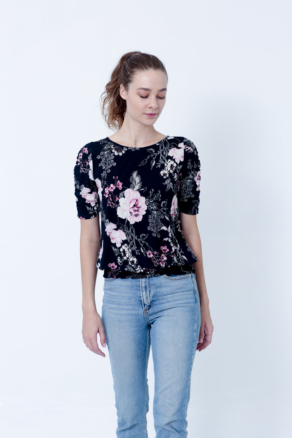 SS RUCHED TOP WITH SMOCKED HEM - T9985-DSPR74025