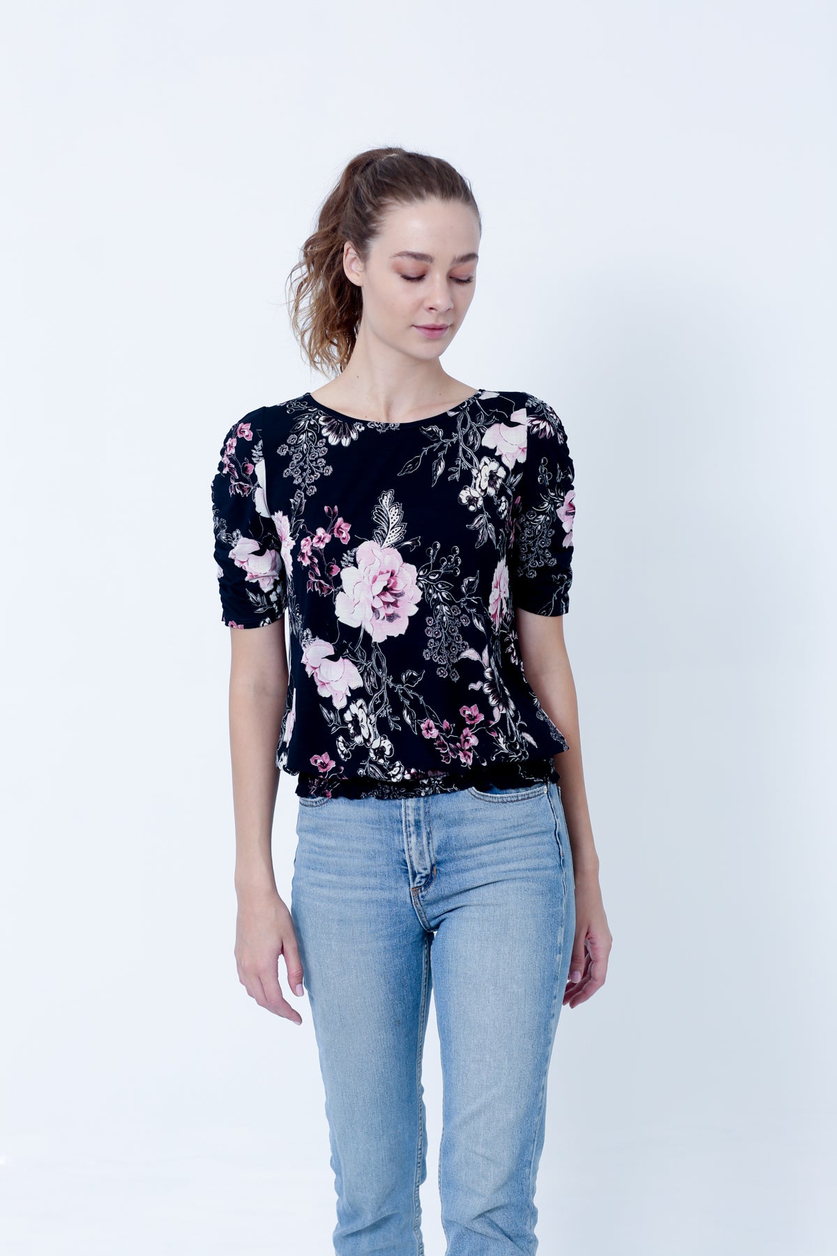 SS RUCHED TOP WITH SMOCKED HEM - T9985-DSPR74025