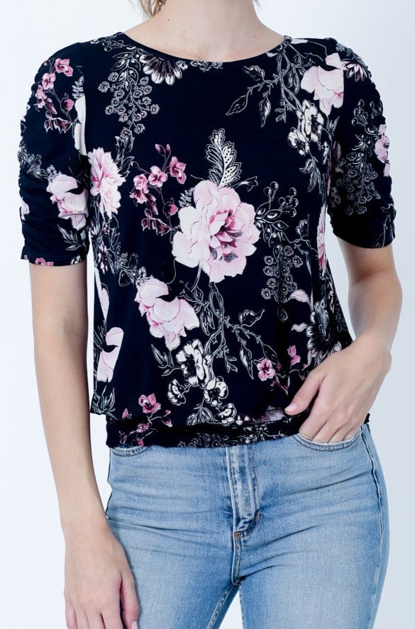 SS RUCHED TOP WITH SMOCKED HEM - T9985-DSPR74025