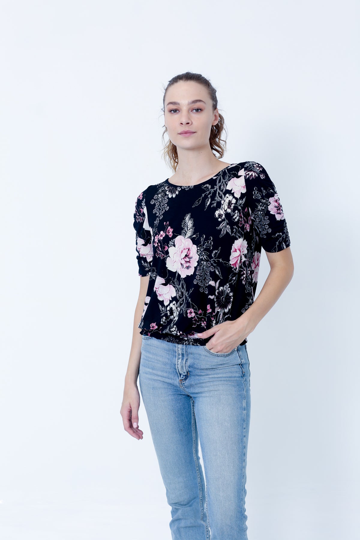 SS RUCHED TOP WITH SMOCKED HEM - T9985-DSPR74025