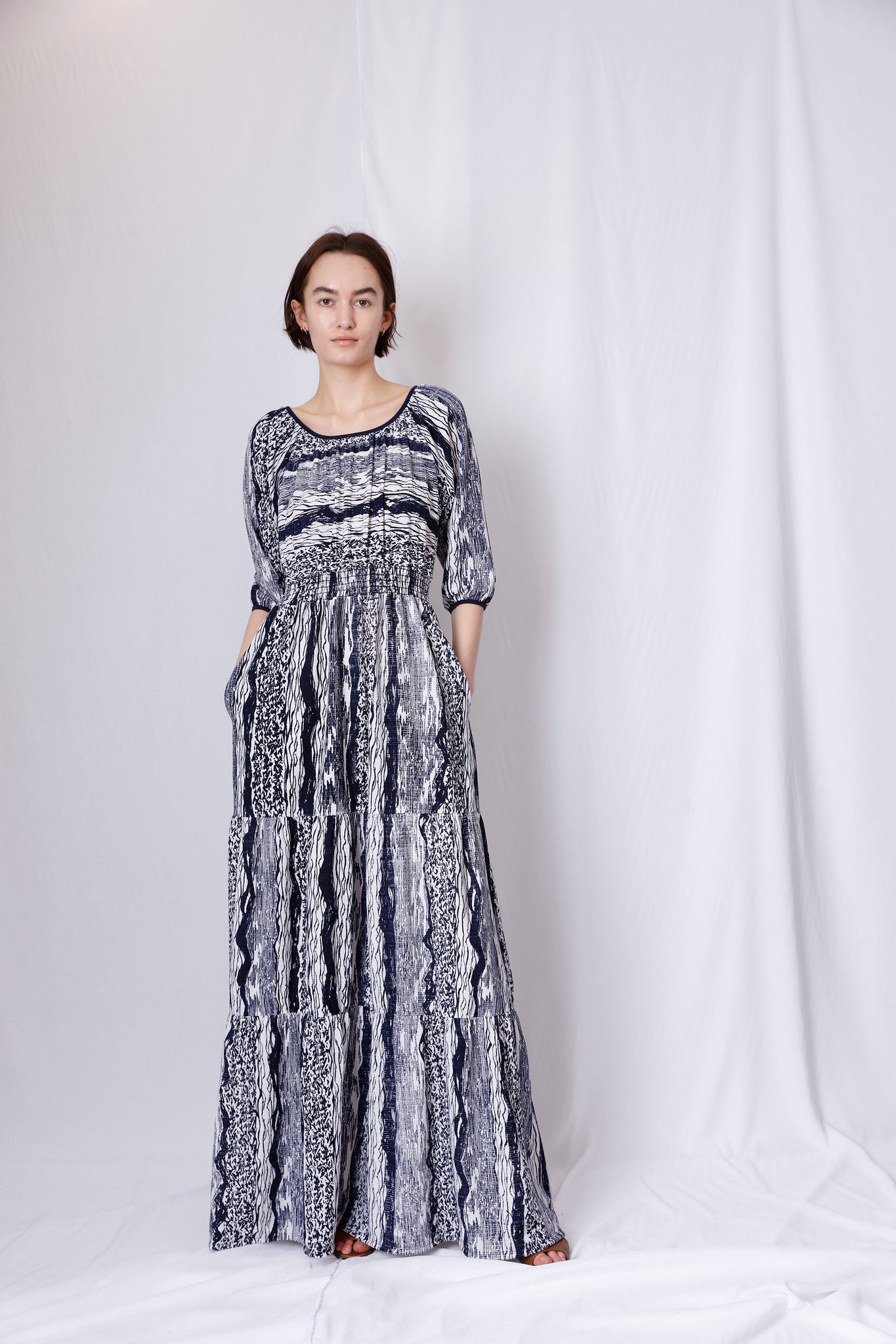 TIERED PEASANT MAXI DRESS WITH POCKETS